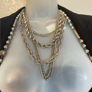 Long Layered Chunky-Style Chain Choker w/ Multi-Strand Nickel Plated Chains.